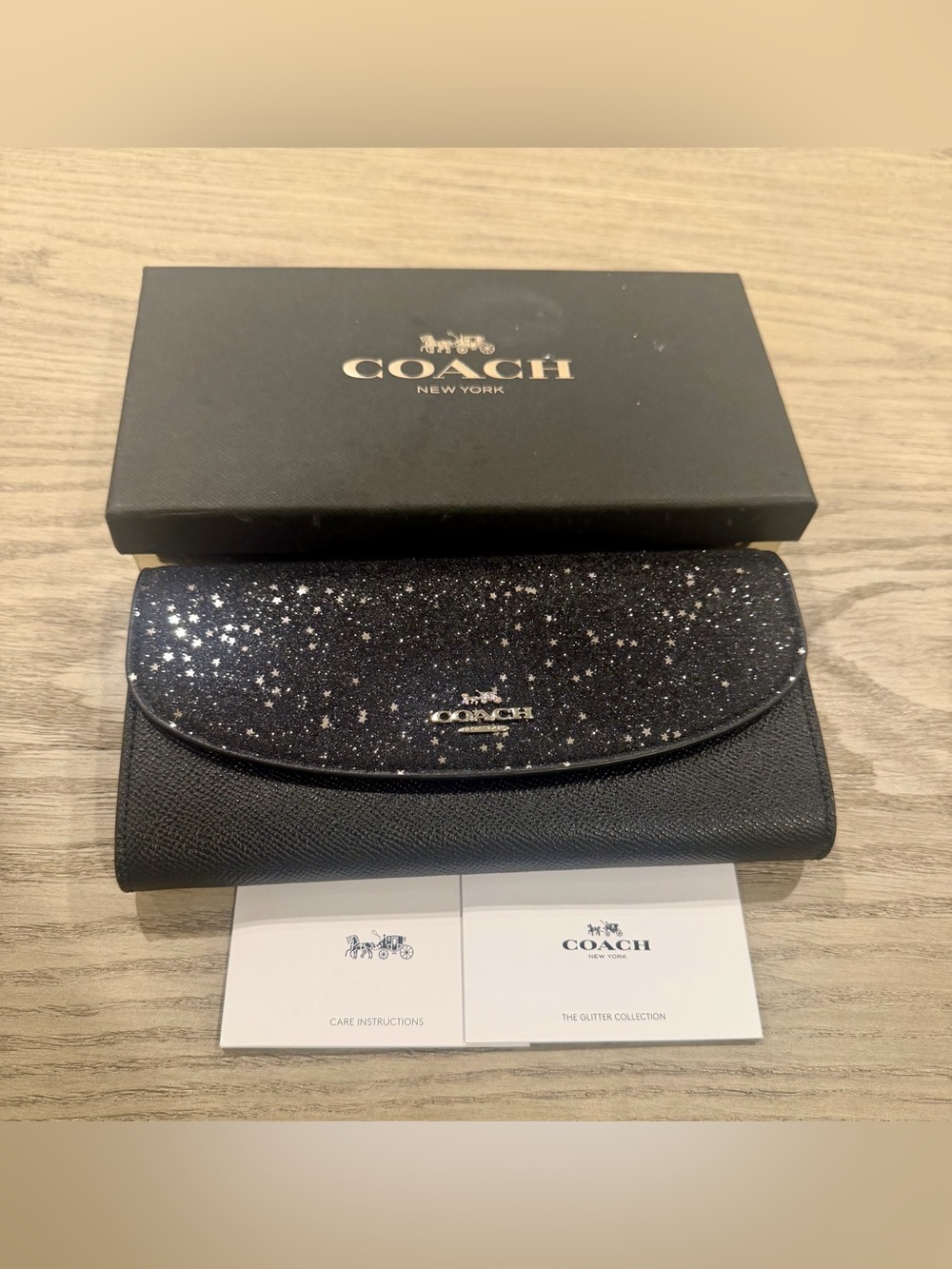 COACH Black Glitter Star Slim Envelope Wallet
